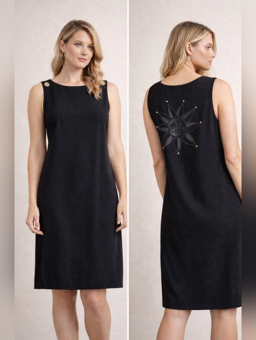 Liz Claiborne Black Sleeveless Shift Dress Sun Embroidery Back Size 6 8